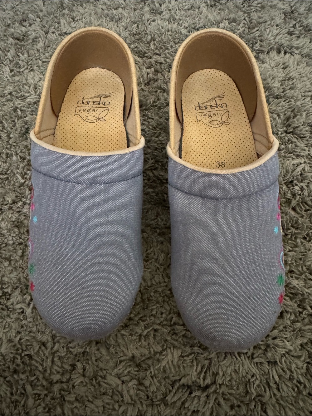 Dansko Vegan Blue Canvas Paisley Floral Clogs Size 38 (US 7.5–8)